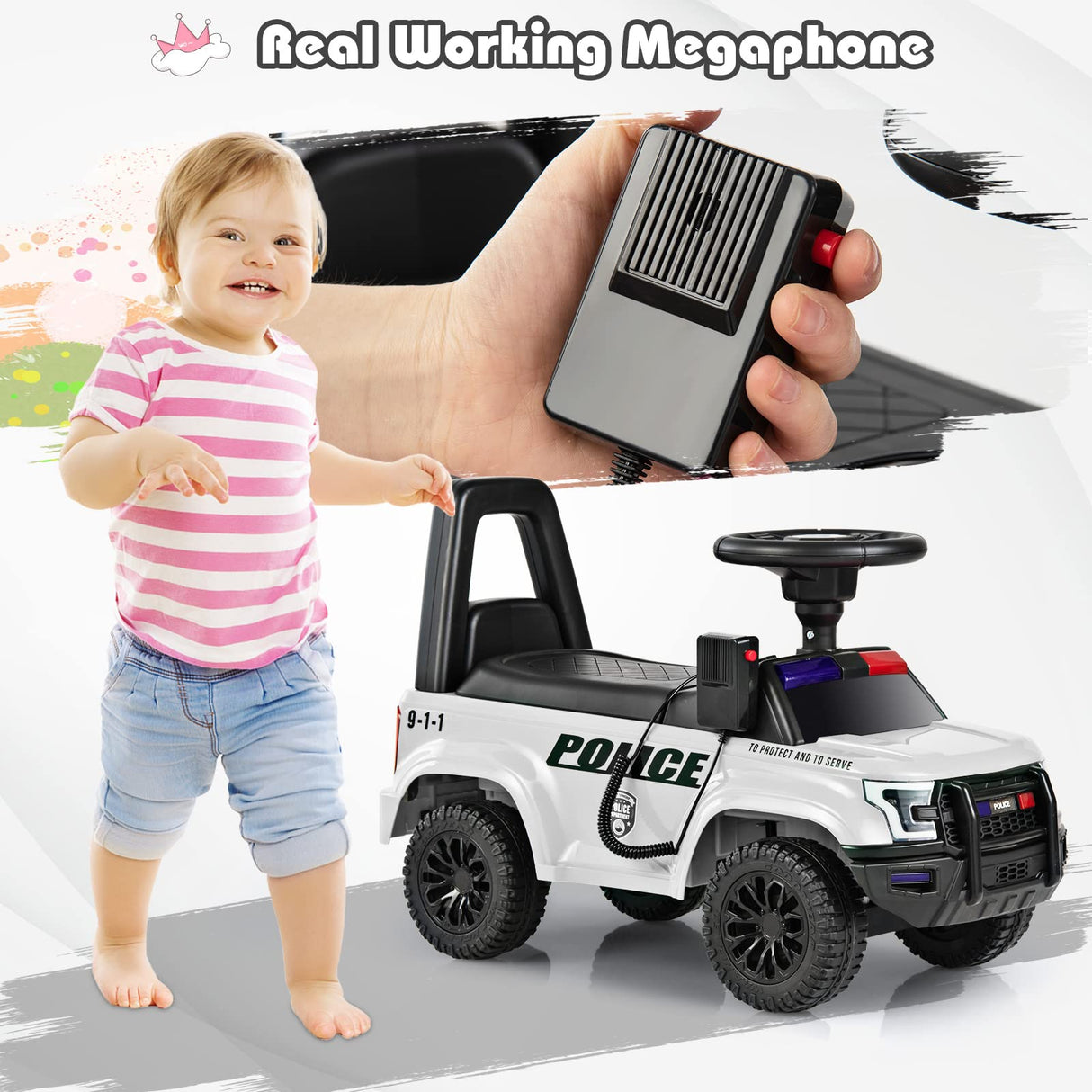 Ride On Push Police Car, Toddler Foot-to-Floor Sliding Toy with Siren