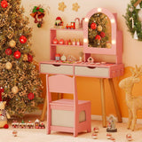 Kids Vanity Set, Pretend Play Dressing Table Set w/3-Color Lighting Modes