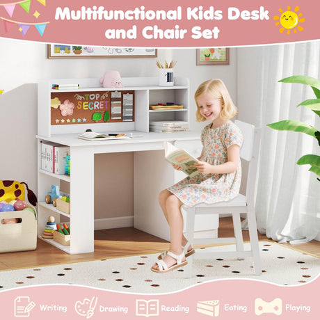 Kids Desk and Chair Set, Children Study Desk with Chair, Hutch & 3-Layer Side Shelf