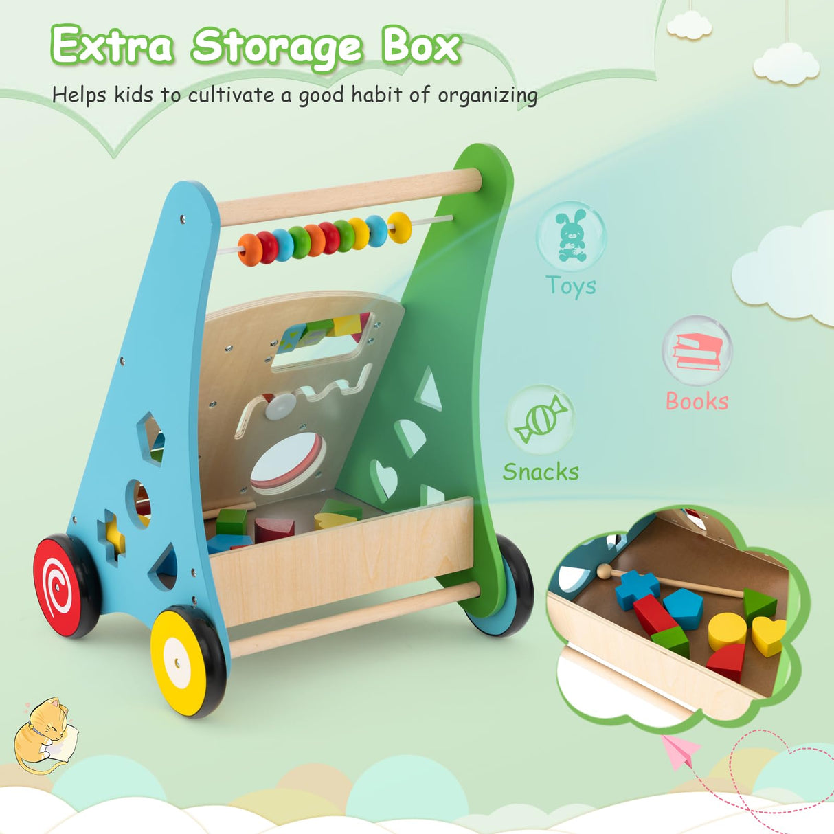 BABY JOY Wooden Baby Walker, Push and Pull Sit-to-Stand Learning Walker Activity Center(Colorful)