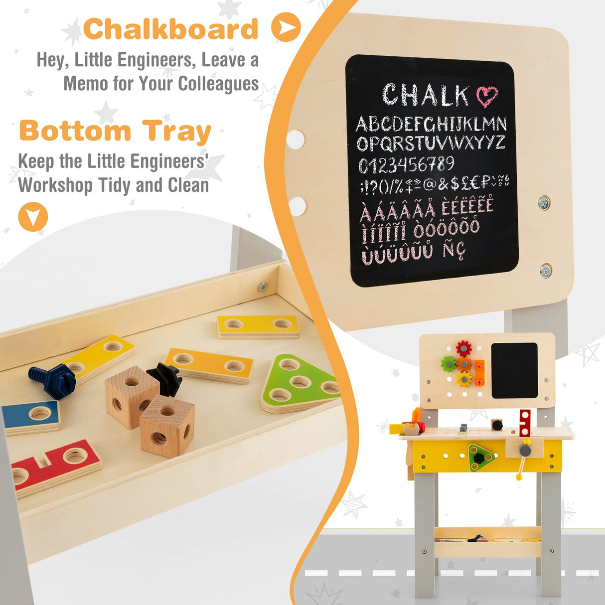 HONEY JOY Kids Wooden Tool Workbench Toy, Pretend Play Workbench Set for Children w/Blackboard