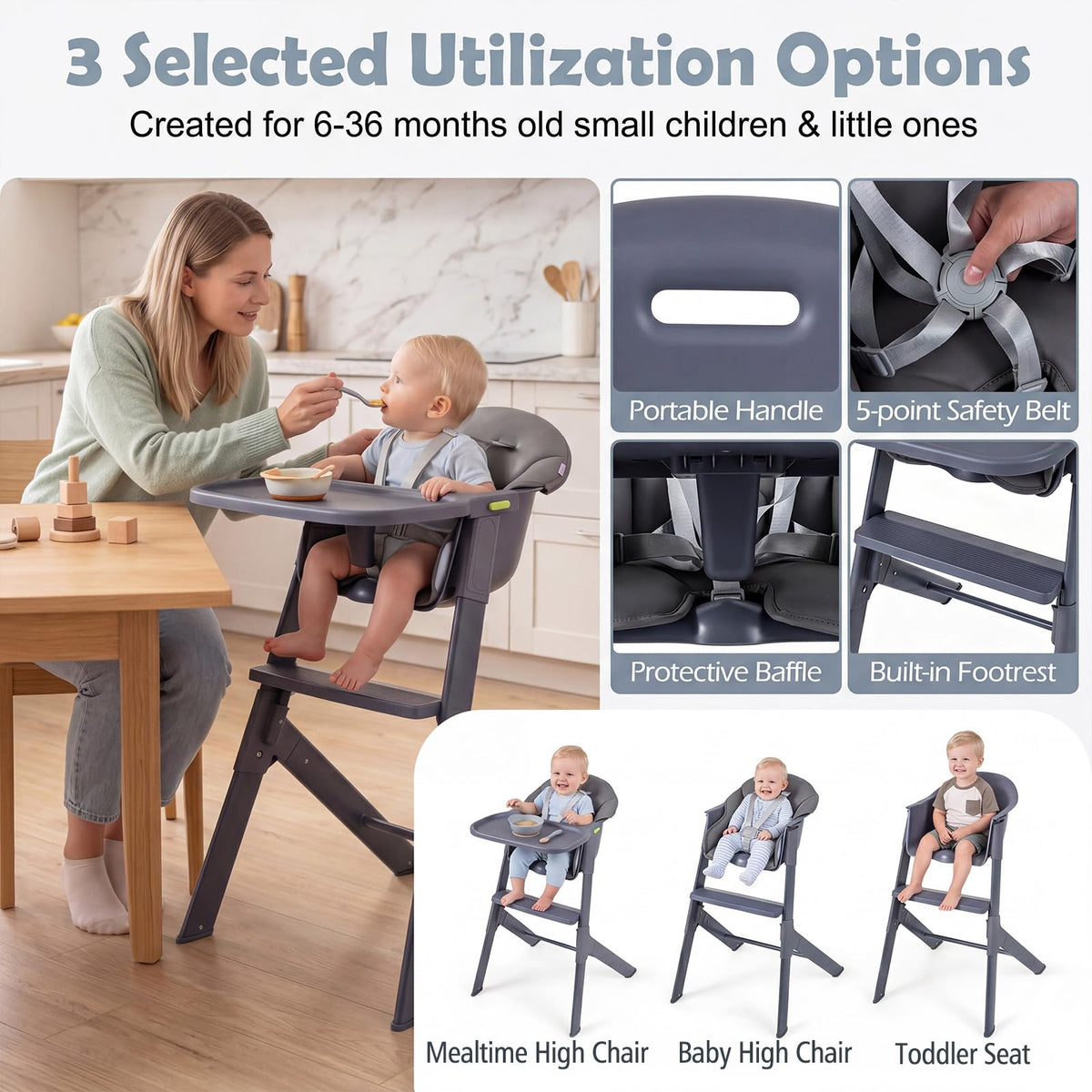 BABY JOY 3-in-1 Washable Baby High Chair