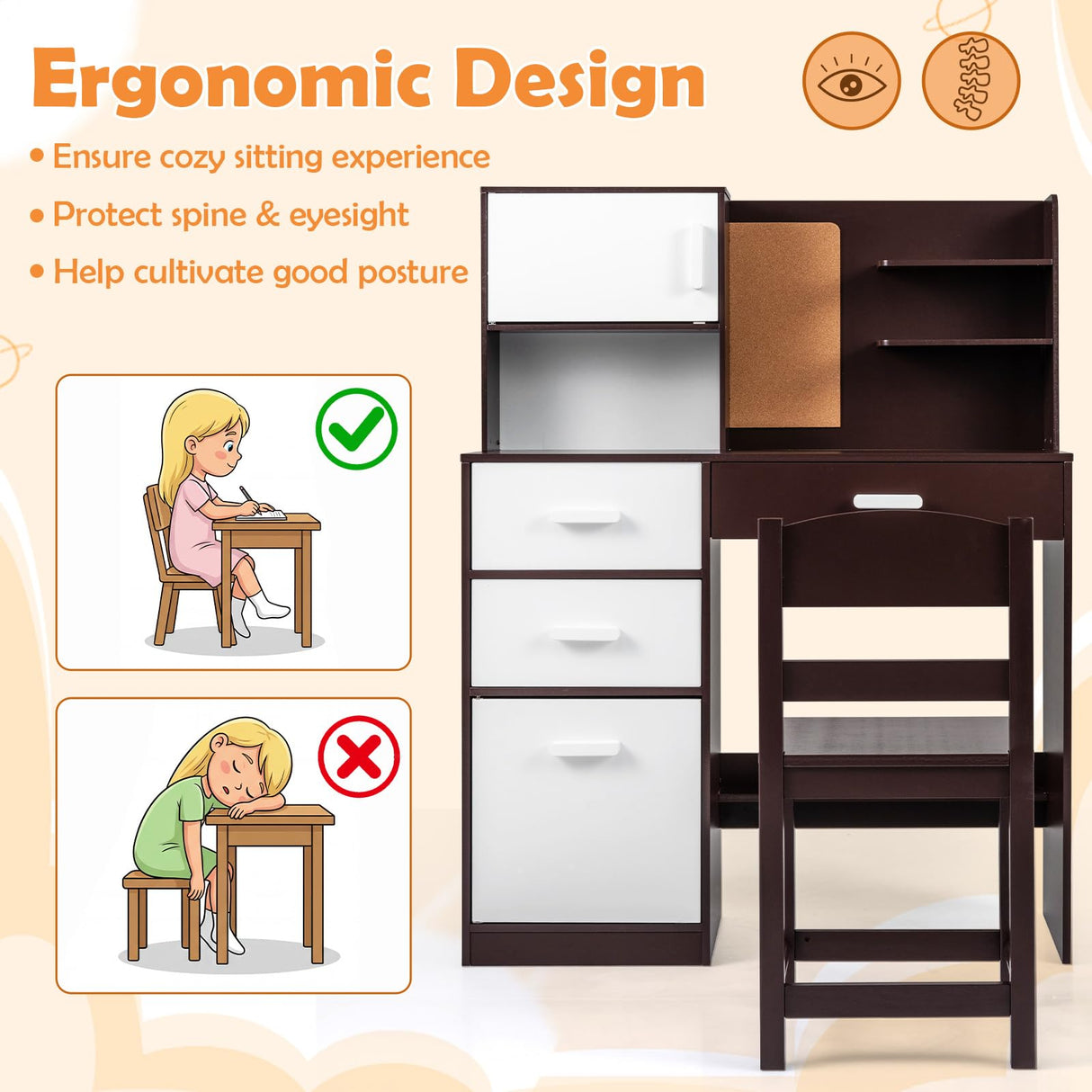 HONEY JOY Kids Desk and Chair Set, Study Table w/Hutch, Bulletin Board