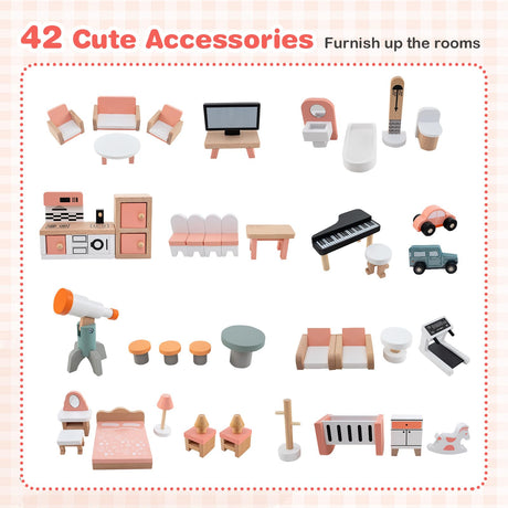 Wooden Corner Dollhouse Playset with 34 Pieces of Furniture and Accessories