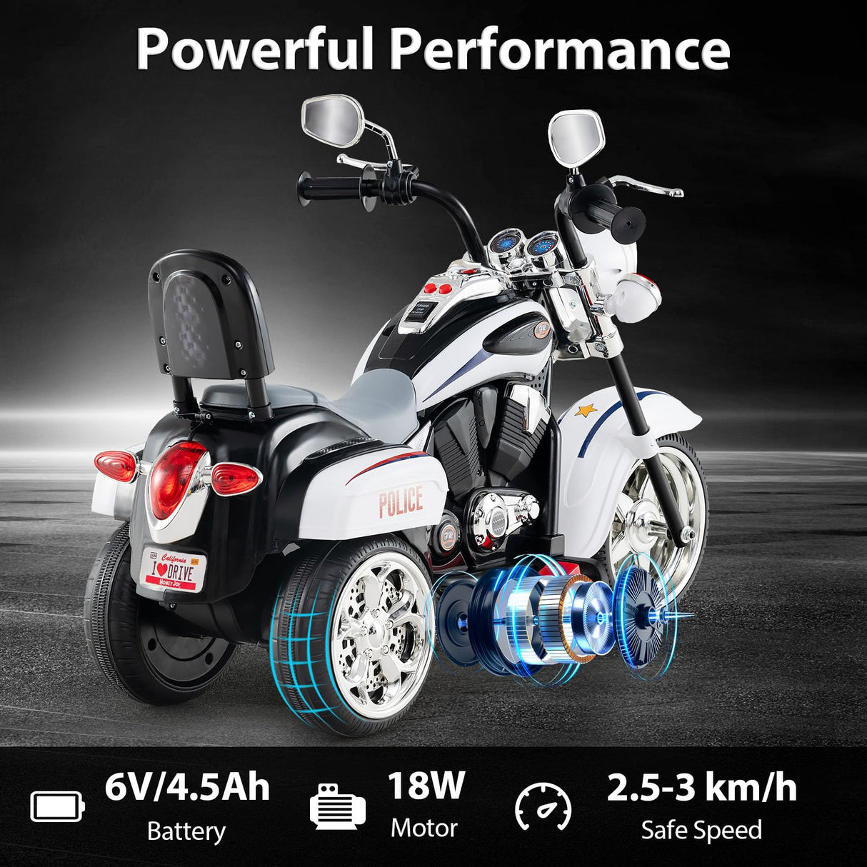 6V Kids Motorcycle 3-Wheel with Headlight and Horn White