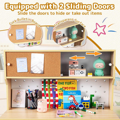 HONEY JOY Kids Desk and Chair Set w/2 Cabinets & 2 Drawers, Pegboard & Cork Bulletin Board