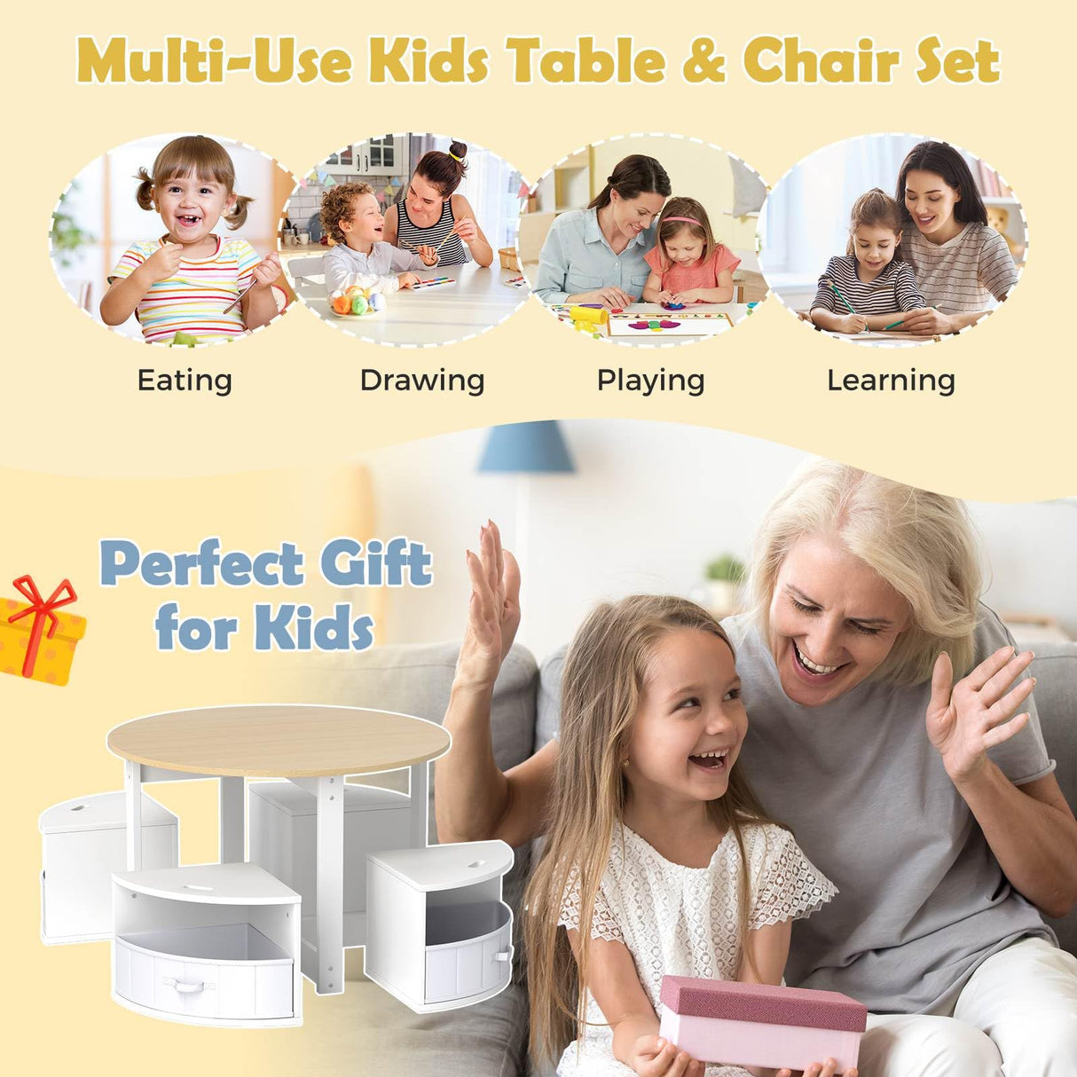 HONEY JOY Kids Table and Chair Set, 5 Piece Toddler Round Nesting Table with 4 Storage Stools for Activity
