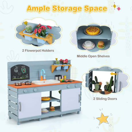 Children's play kitchen set with storage space features on a white background