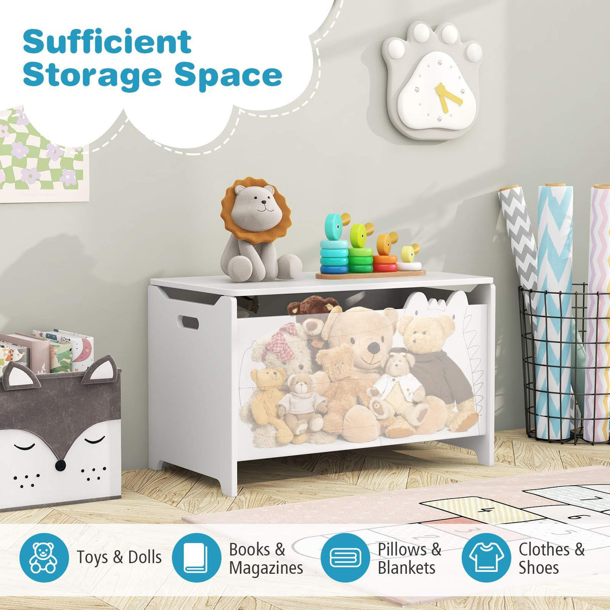 Kids Toy Box Storage Chest, Wooden Trunk Bench w/ Safety Hinge, Children Storage Box w/ Handles