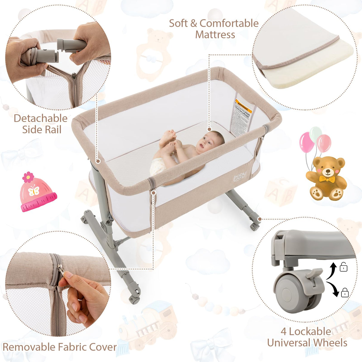 BABY JOY 3 in 1 Baby Bedside Bassinet Baby Cot with Mattress & 5 Adjustable Height