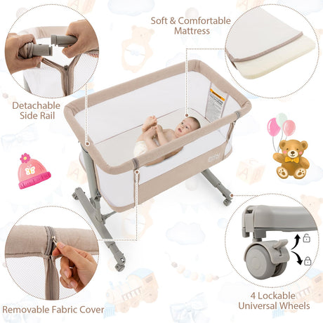 BABY JOY 3 in 1 Baby Bedside Bassinet Baby Cot with Mattress & 5 Adjustable Height