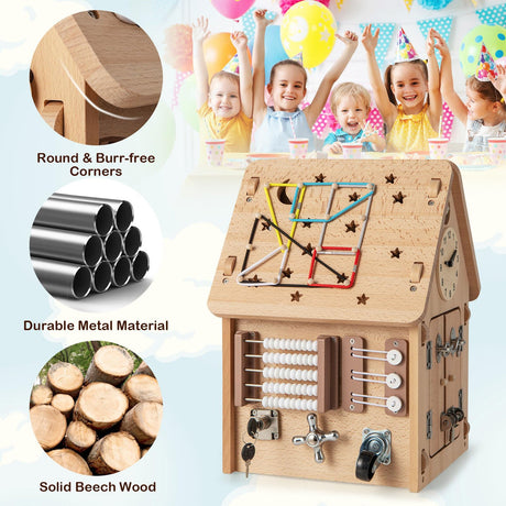 HONEY JOY Kids Montessori Busy House Toy, Wooden Multi-Purpose Play House w/Interior Storage Space