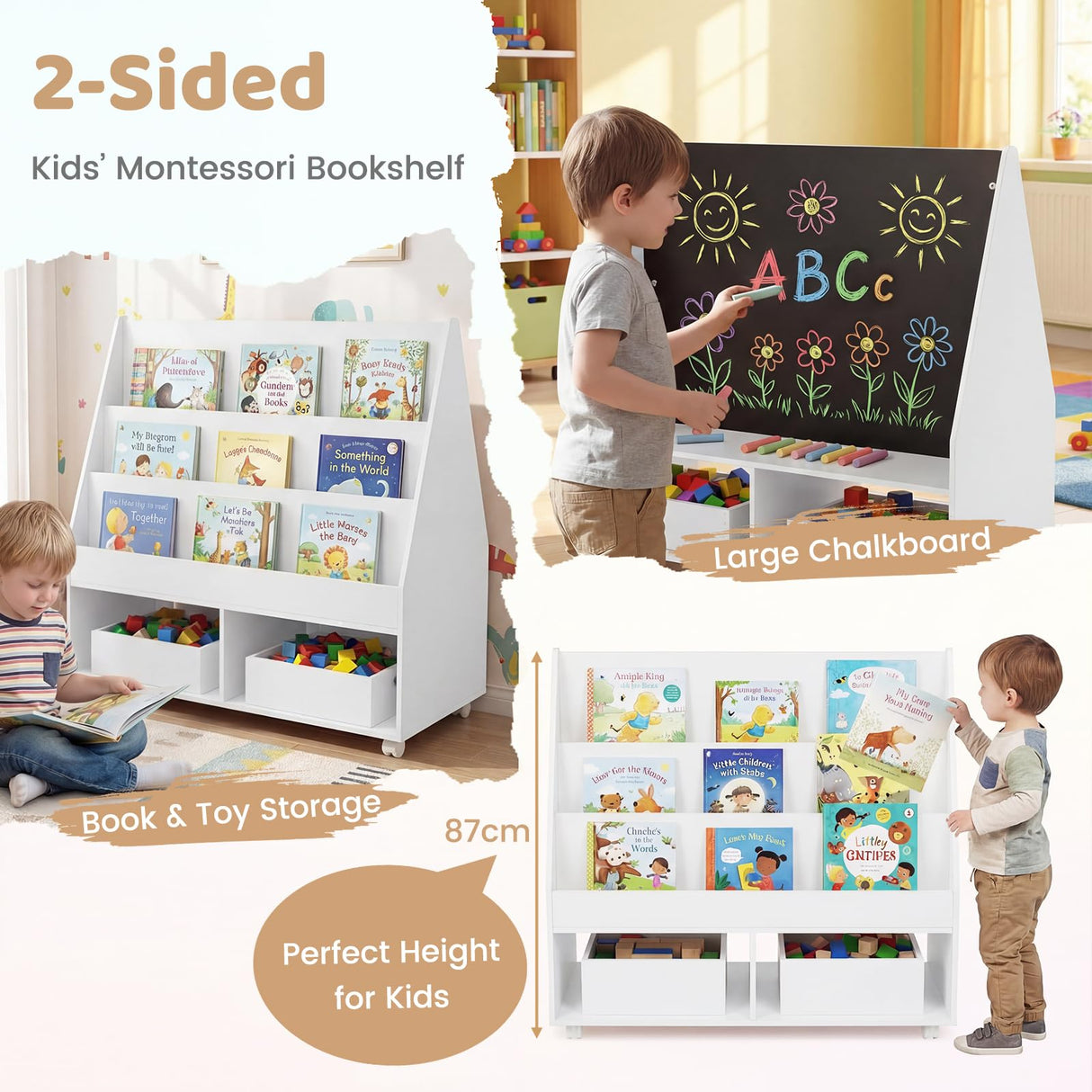 HONEY JOY Double-Sided Kids Bookshelf, Toddler Book Shelf