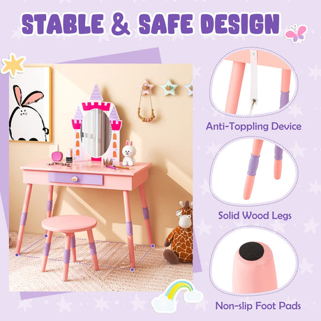 HONEY JOY Kids Vanity Set, Dressing Table for Children with Mirror and Stool, Princess Makeup Table