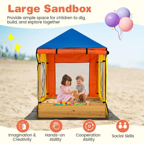 Kids Wooden Sandbox with Canopy, Outdoor Large Fir Wood Playhouse w/Bottom Liner
