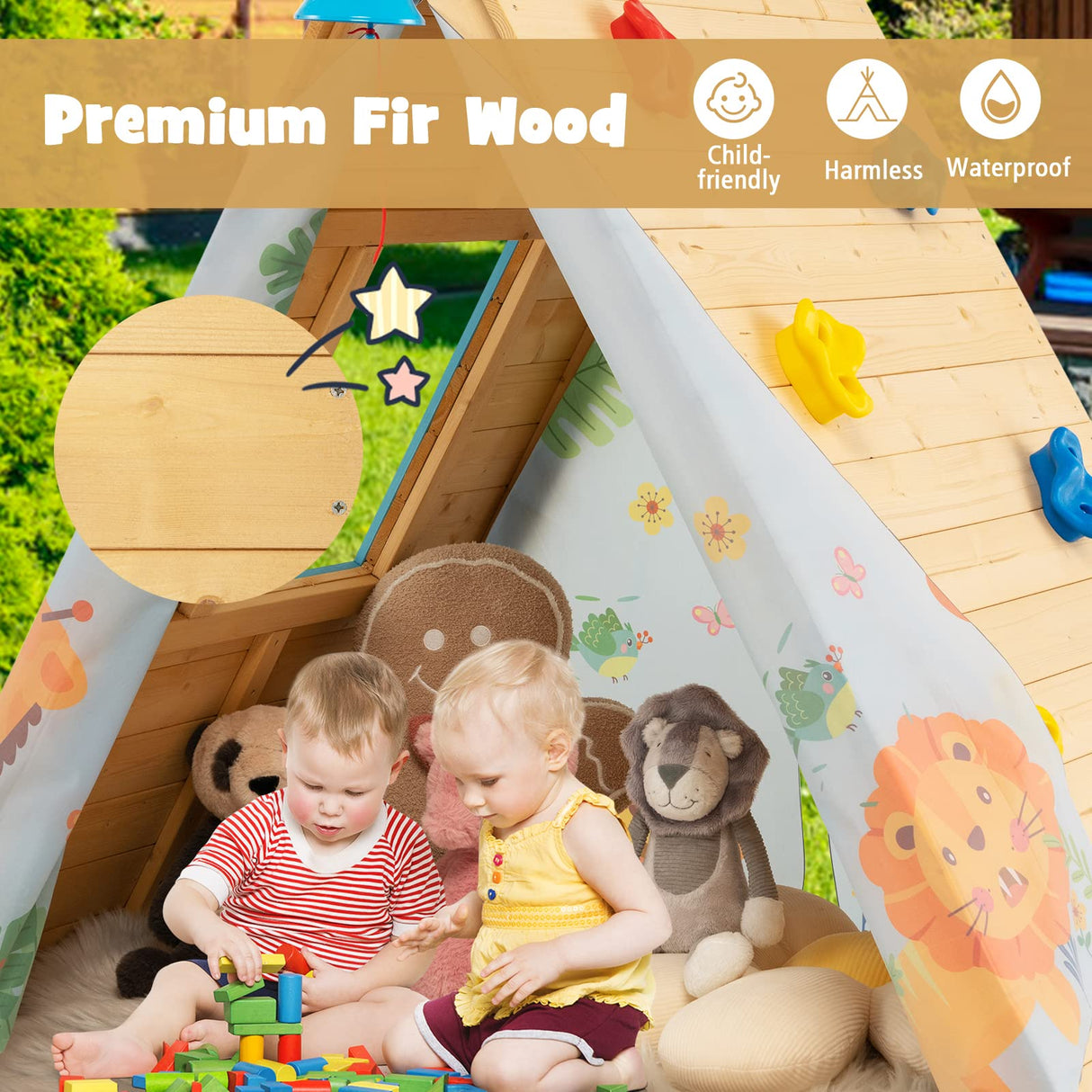 HONEY JOY Kids Triangle Climber with Tent, 2 in 1 Wooden Climbing Triangle Toys w/Climbing Wall