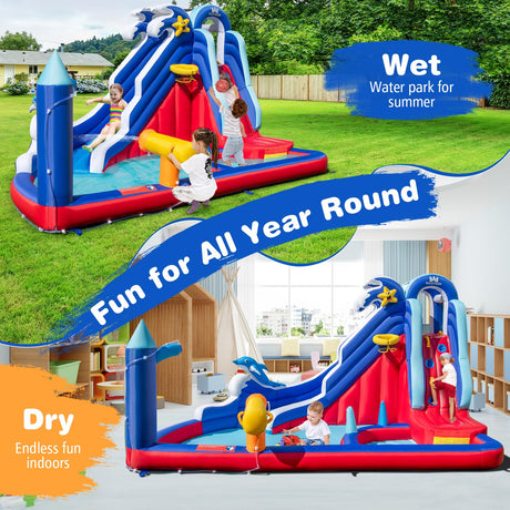 HONEY JOY Inflatable Water Slide, Dolphin Theme Kids Bounce House Water Park w/Long Slide, 2 Splash Pools with 680W Blower