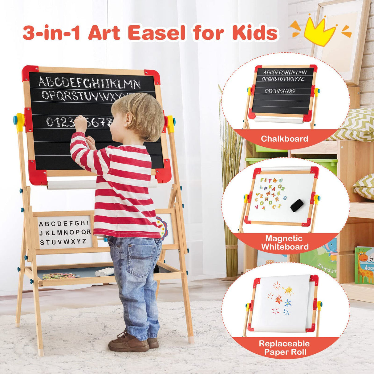 BABY JOY Kids Art Easel, 3 in 1 Wooden Art Easel for Toddlers w/Whiteboard, Chalkboard, Paper Roll