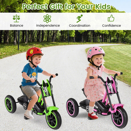 Two children riding tricycles with safety helmets in a park setting, promoting balance, independence, coordination, and confidence.