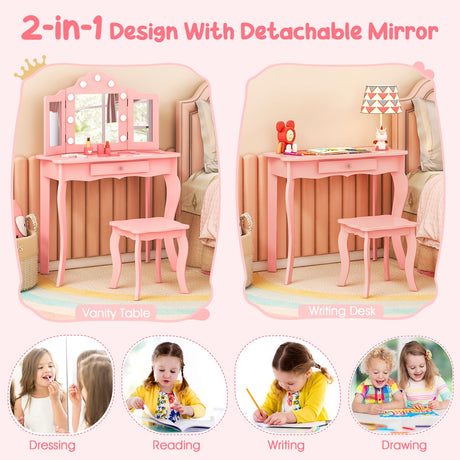 HONEY JOY Kids 2-in-1 Vanity Table and Stool Set,Princess Makeup Vanity Set w/3-color LED Lights & Adjustable Brightness