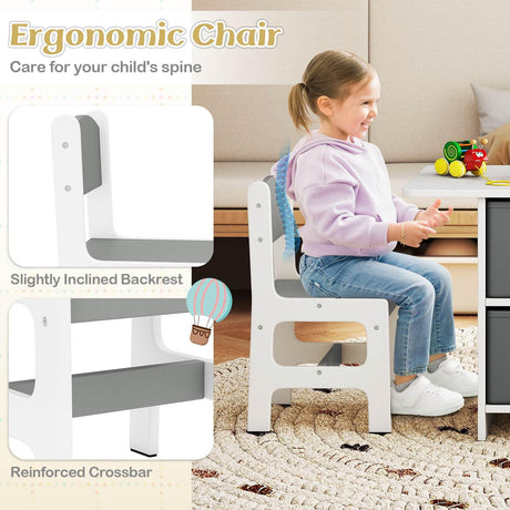 Child sitting on an ergonomic chair with text highlighting features like a slightly inclined backrest and reinforced crossbar.