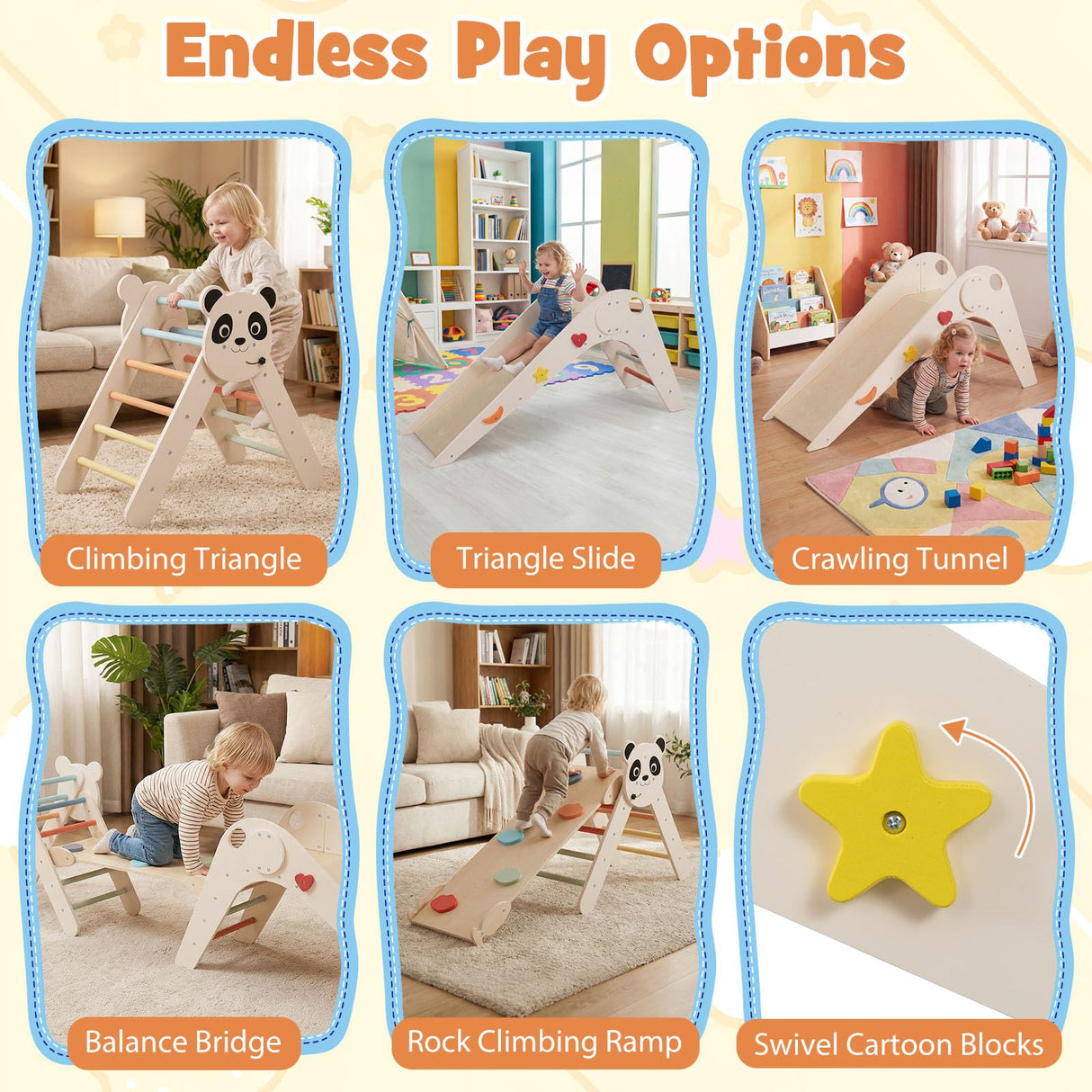HONEY JOY Kids Triangle Climbing Set, Foldable Panda-Themed Wood Montessori Climbing Set