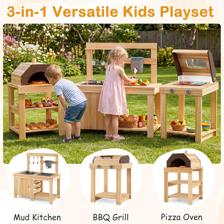 HONEY JOY 3-Piece Kids Playset for Outdoor w/Mud Kitchen, BBQ Grill, Pizza Oven