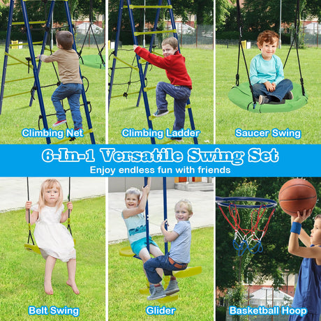 6-in-1 versatile swing set with various components and children playing on it.
