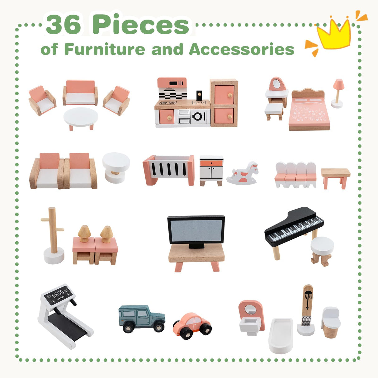 HONEY JOY Wooden Corner Dollhouse Playset, Green Roof Doll House with 34 Pieces of Furniture and Accessories