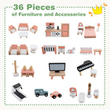 HONEY JOY Wooden Corner Dollhouse Playset, Green Roof Doll House with 34 Pieces of Furniture and Accessories
