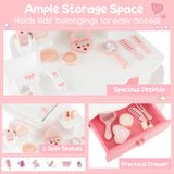 HONEY JOY Kids Vanity Set, Dressing Table w/Mirror and Stool, Accessories, Drawer, Wooden Princess Makeup Dressing Table(Heart-Shaped Mirror)