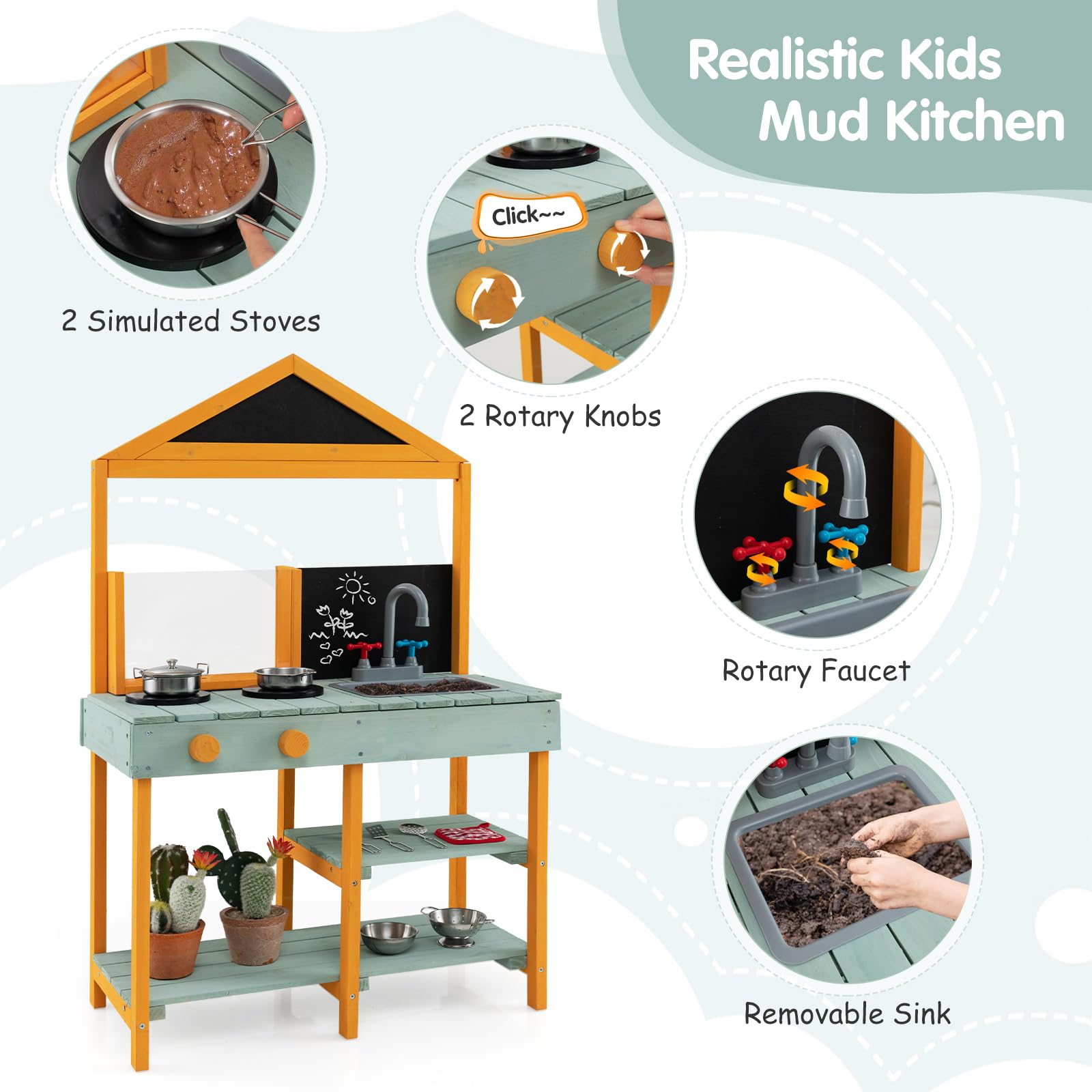 HONEY JOY Kids Kitchen Playset, Outdoor Mud Kitchen with Root