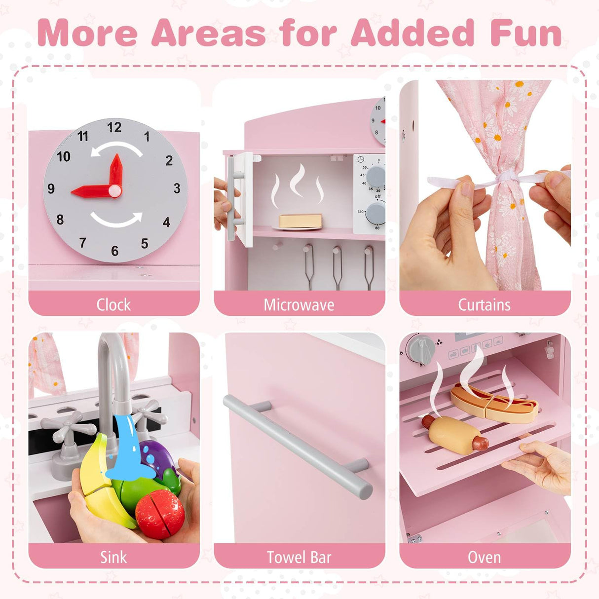 Wooden Play Kitchen for Kids with 3 Adjustable Heights and Stoves and Ice Maker