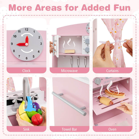 Wooden Play Kitchen for Kids with 3 Adjustable Heights and Stoves and Ice Maker