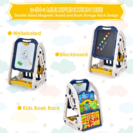 BABY JOY 3 in 1 Kids Art Easel, Double Sided Whiteboard & Chalkboard w/Book Storage Rack