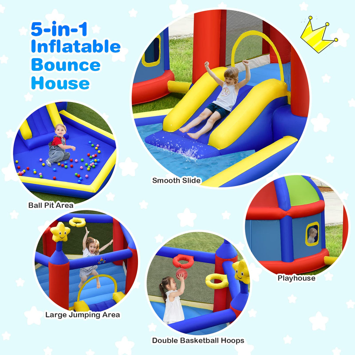 HONEY JOY Inflatable Bounce House with Playhouse, 5-in-1 Star Themed Bouncy Castle w/Double Basketball Hoops