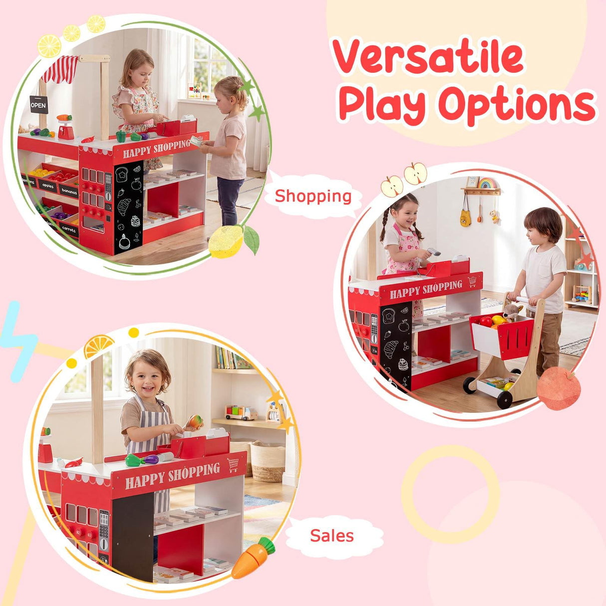 Kids Grocery Store Playset, Wooden Pretend Play Supermarket w/Shopping Cart