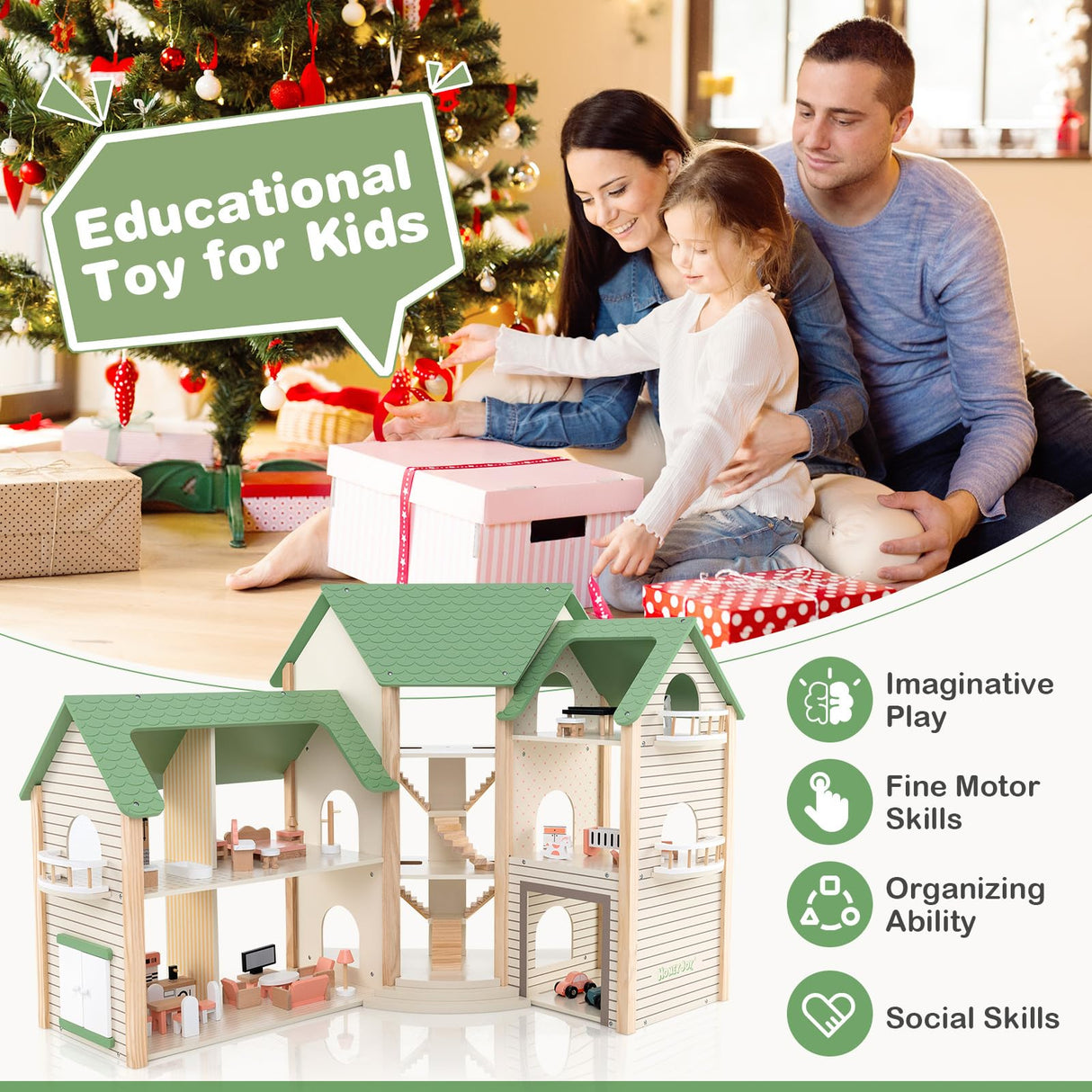 HONEY JOY Wooden Corner Dollhouse Playset, Green Roof Doll House with 34 Pieces of Furniture and Accessories