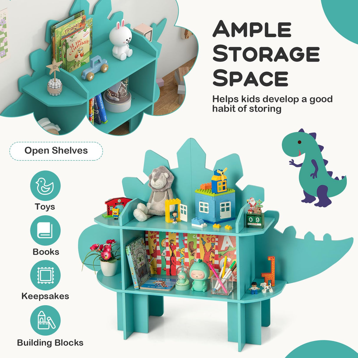 HONEY JOY Dinosaur Bookcase for Play Room, Nursery, Kindergarten
