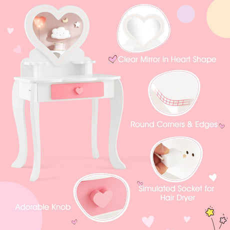 HONEY JOY Kids Vanity Set, Dressing Table w/Mirror and Stool, Accessories, Drawer, Wooden Princess Makeup Dressing Table(Heart-Shaped Mirror)
