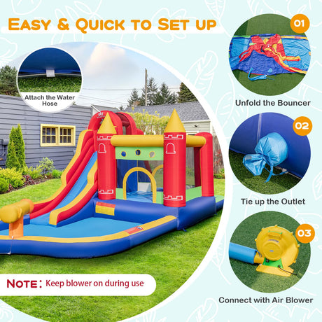 HONEY JOY Inflatable Water Slide, Outdoor Water Park Bouncy House with Ring-tossing with 680W Blower