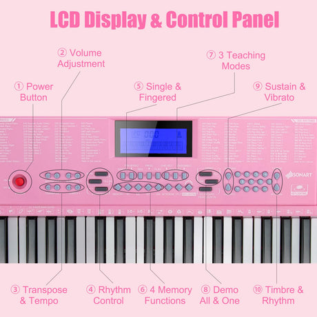 HONEY JOY 61 Key Piano Keyboard, Portable Electronic Keyboard Piano with Lighted Keys, LCD Screen (Pink)
