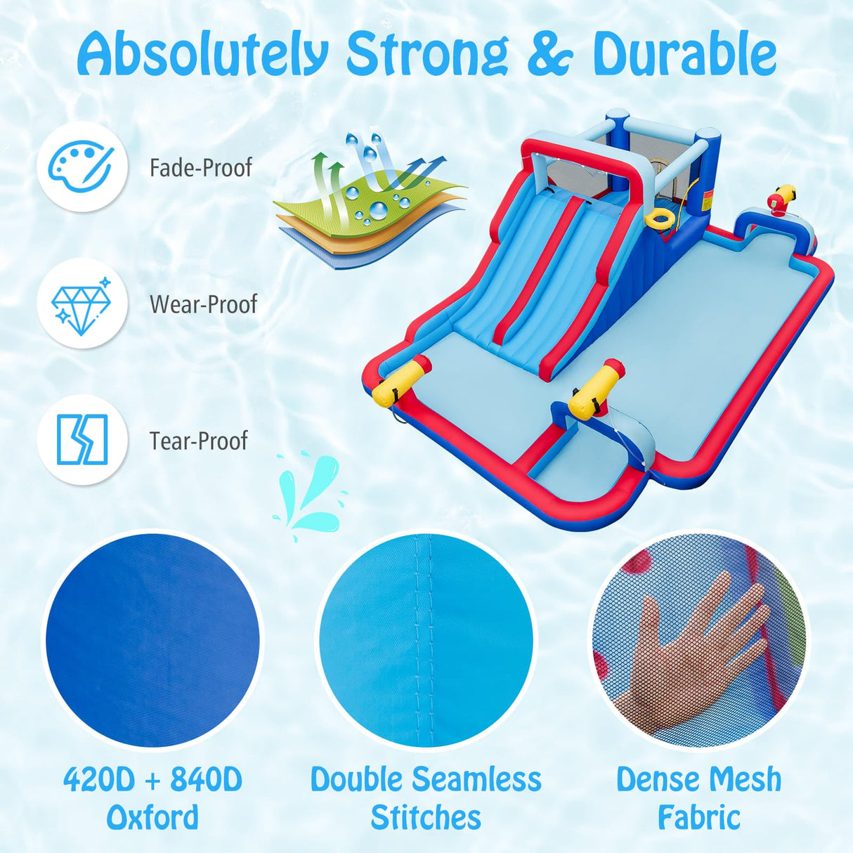 HONEY JOY Water Slide Park, 5-in-1 Inflatable Jumping House w/Dual Slides, Climbing Wall, Splash Pool, Basketball Rim, Water Cannons