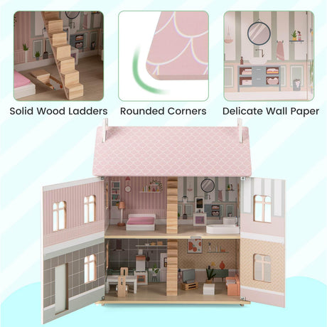HONEY JOY Kids Wooden Dollhouse, 3 Level Doll House Playset