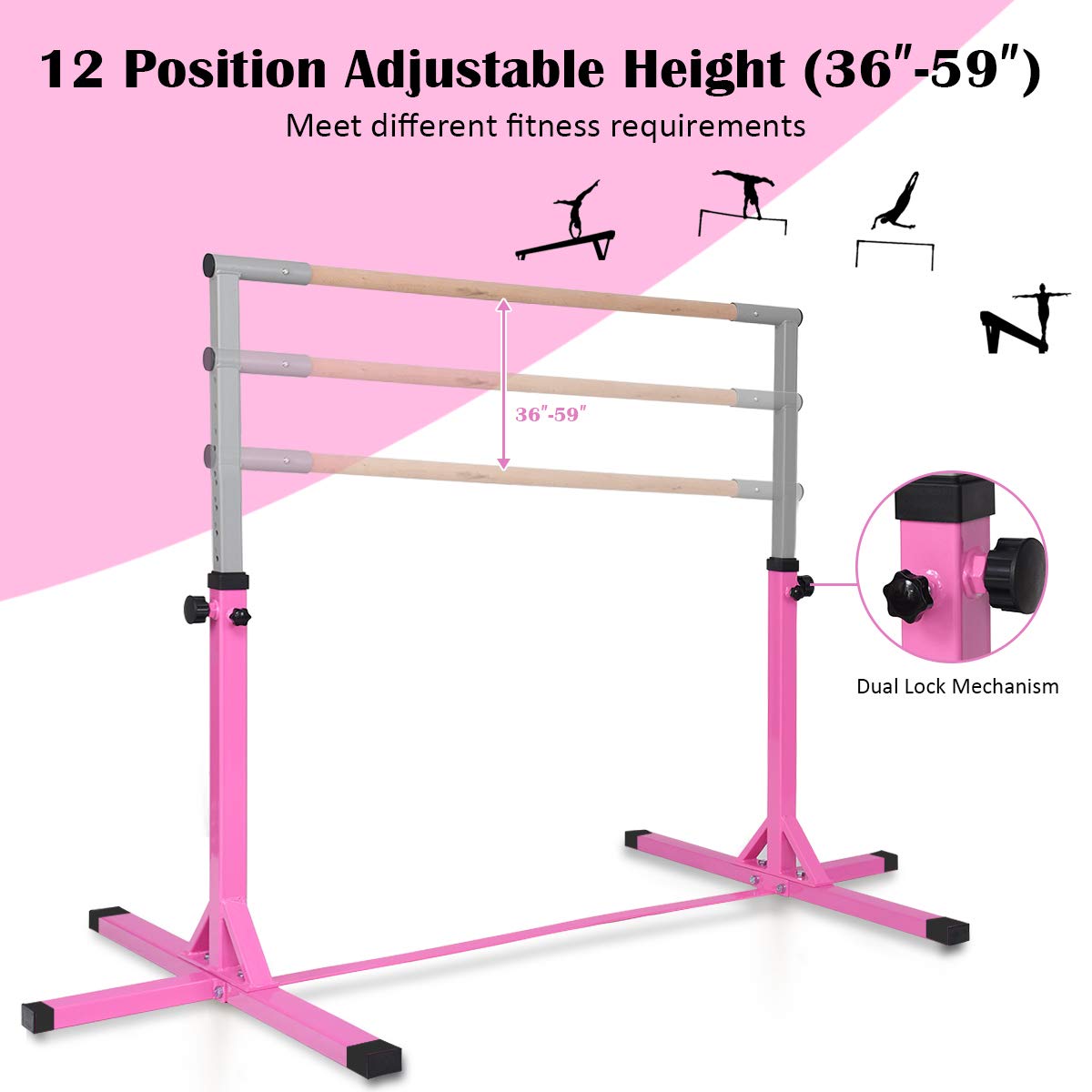 BABY JOY Kids Gymnastic Training Bar, 90 to 150cm Height Adjustable Expandable Exercise Horizontal Kip Bar w/Double Locking Mechanism