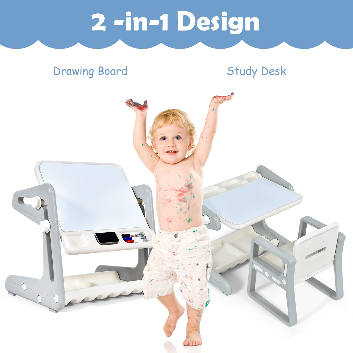 BABY JOY Kids Table & Chair, 2 in 1 Toddler Art Easel
