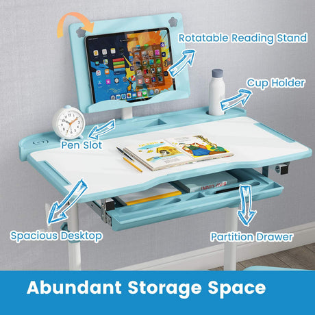 Children's study desk with various features labeled on a gray background