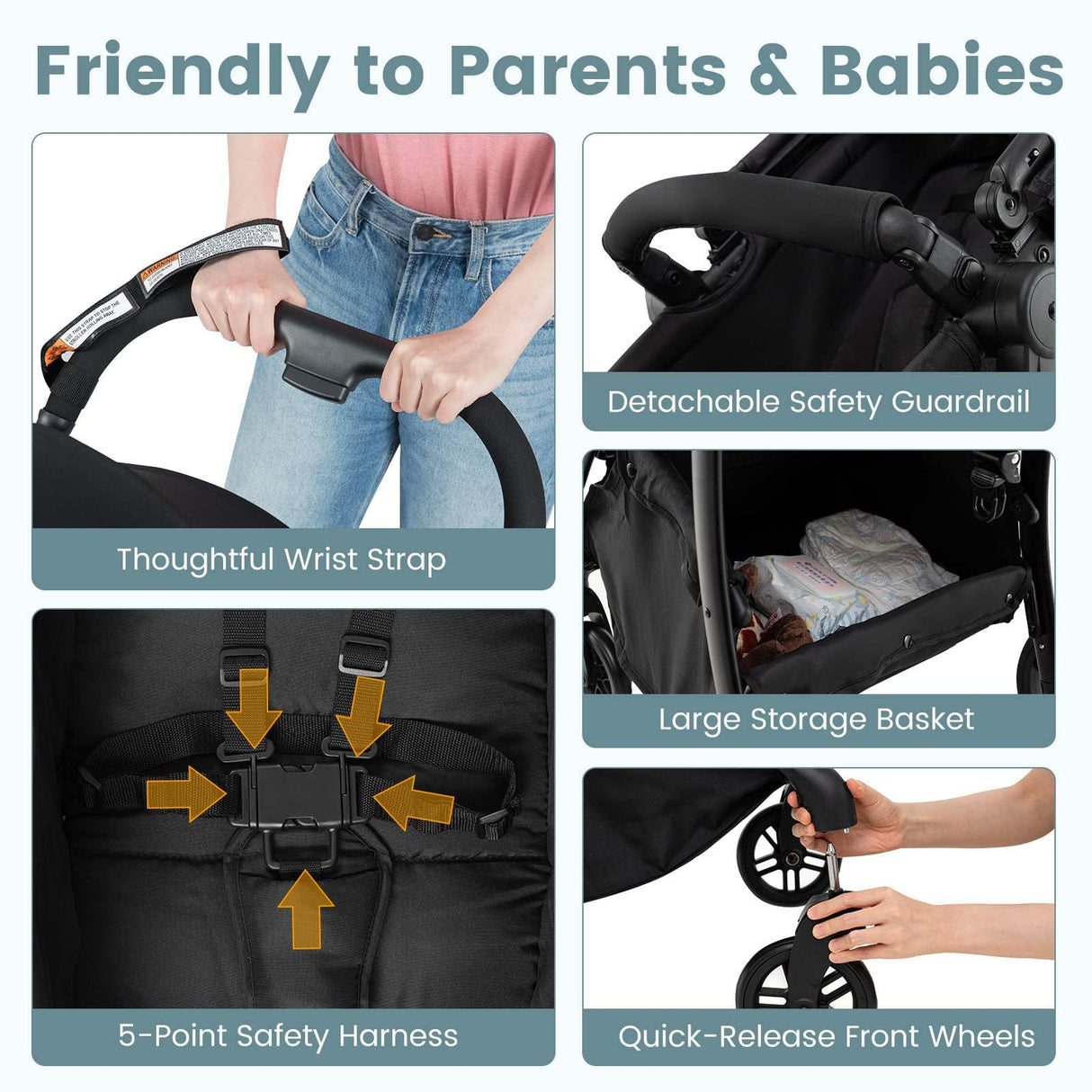 2-in-1 Foldable Baby Stroller with Reversible Seat and Adjustable Backrest