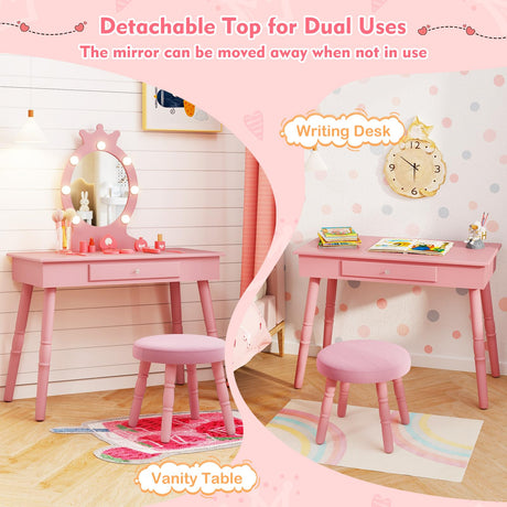 HONEY JOY Kids Vanity Set with LED Lighted Mirror & Stool