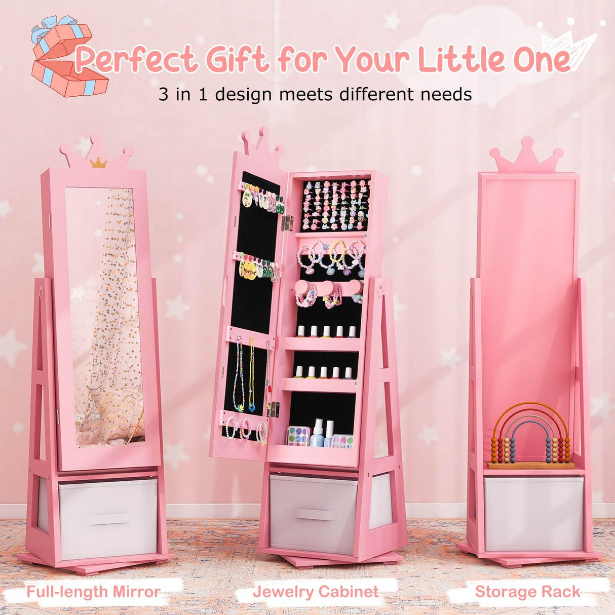 HONEY JOY 360° Swivel Kids Jewelry Cabinet, 3-in-1 Freestanding Full Length Dressing Mirror